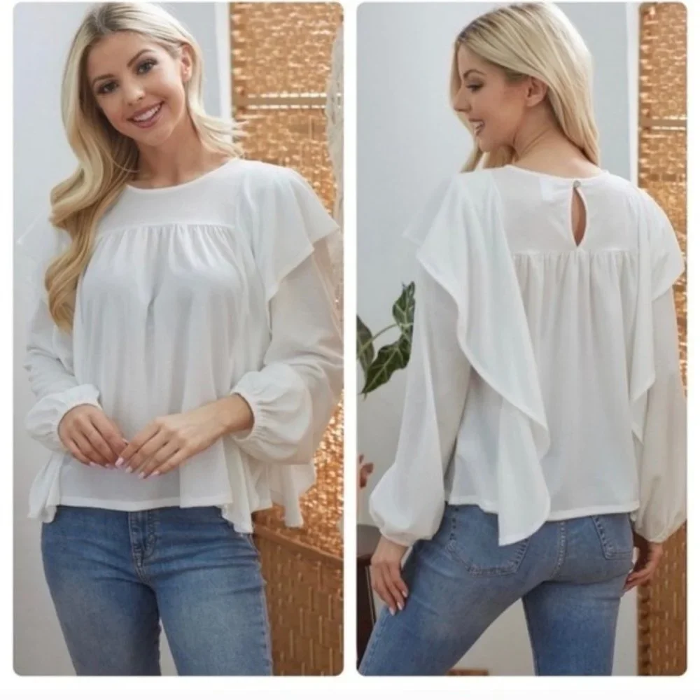❌SOLD✨DRAPED RUFFLE TOP-WHITE-NEW - Picture 2 of 2